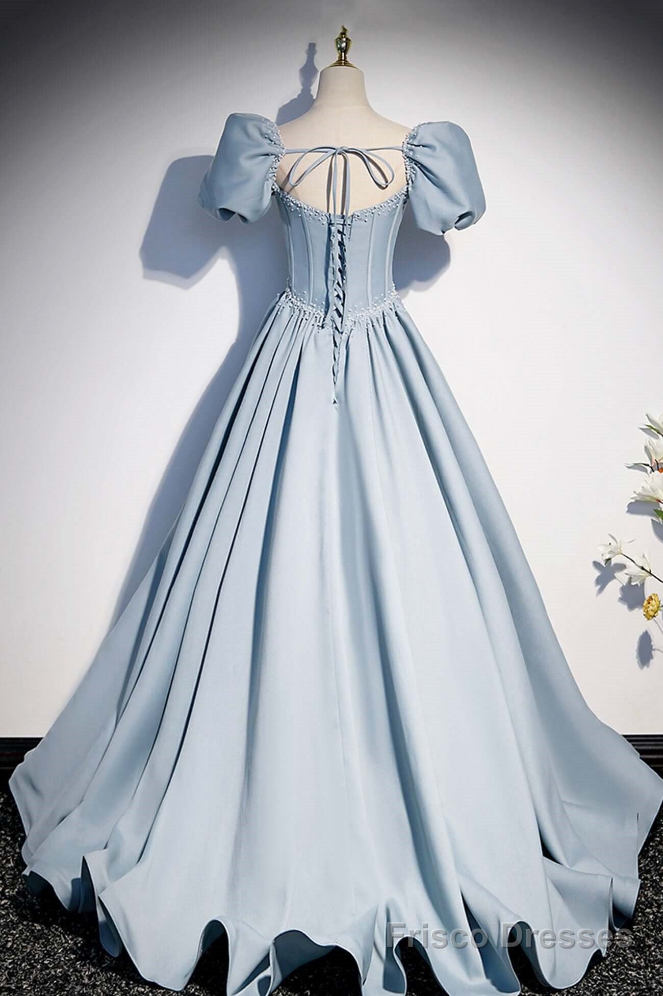 Light Blue Satin Long Prom Dress,A-Line Short Sleeve Evening Dresses Main image