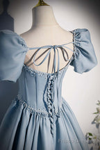 Light Blue Satin Long Prom Dress,A-Line Short Sleeve Evening Dresses