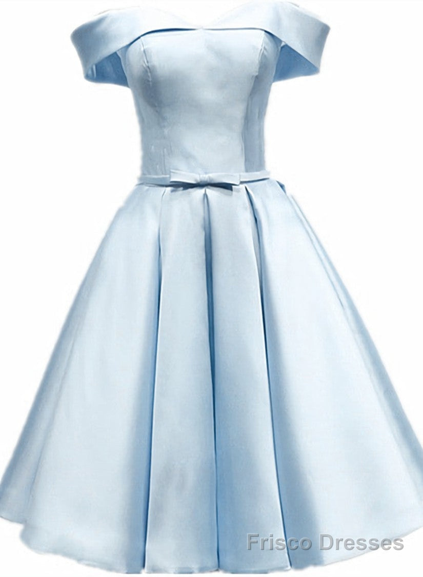 Light Blue Satin Off Shoulder Knee Length Homeoming Dress, Blue Short Prom Dress Main image