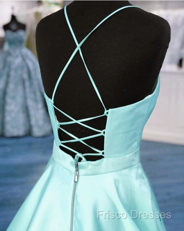 Light Blue Satin V-Neck Cross Back Formal Prom Dress