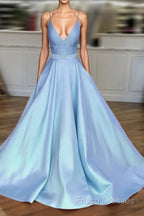 Light Blue Satin V-Neck Cross Back Formal Prom Dress