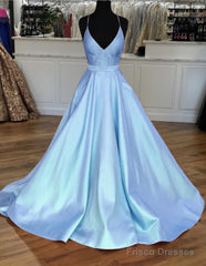Light Blue Satin V-Neck Cross Back Prom Dresses