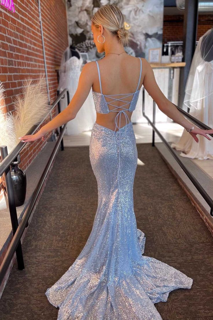Light Blue Sequin Twist-Front Lace-Up Mermaid Long Prom Gown Secondary image