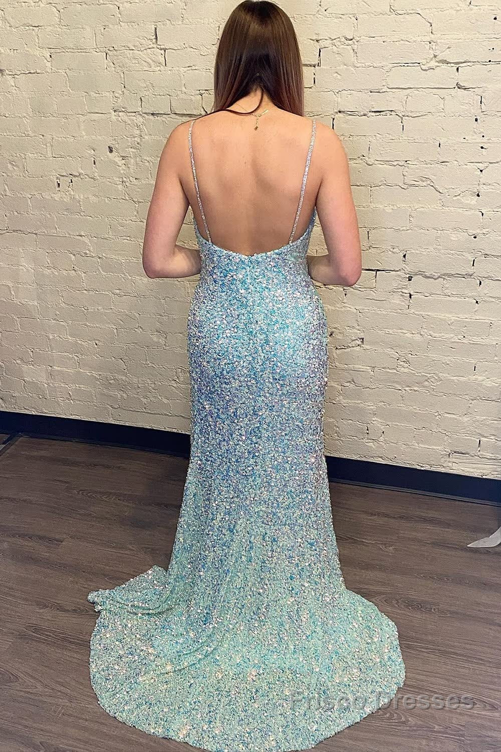 Light Blue Sequins Long Prom Dress With Open Back Secondary image