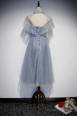 Light Blue Shiny Tulle High Neckline Homecoming Dress Party Dress