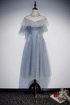 Light Blue Shiny Tulle High Neckline Homecoming Dress Party Dress, Blue Short Formal Prom Dress
