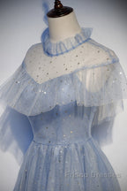 Light Blue Shiny Tulle High Neckline Homecoming Dress Party Dress, Blue Short Formal Prom Dress