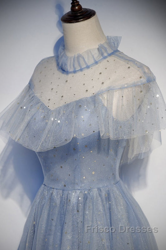 Light Blue Shiny Tulle High Neckline Homecoming Dress Party Dress, Blue Short Formal Prom Dress