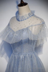 Light Blue Shiny Tulle High Neckline Homecoming Dress Party Dress, Blue Short Prom Dress