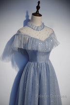 Light Blue Shiny Tulle High Neckline Homecoming Dress Party Dress, Blue Short Formal Prom Dress