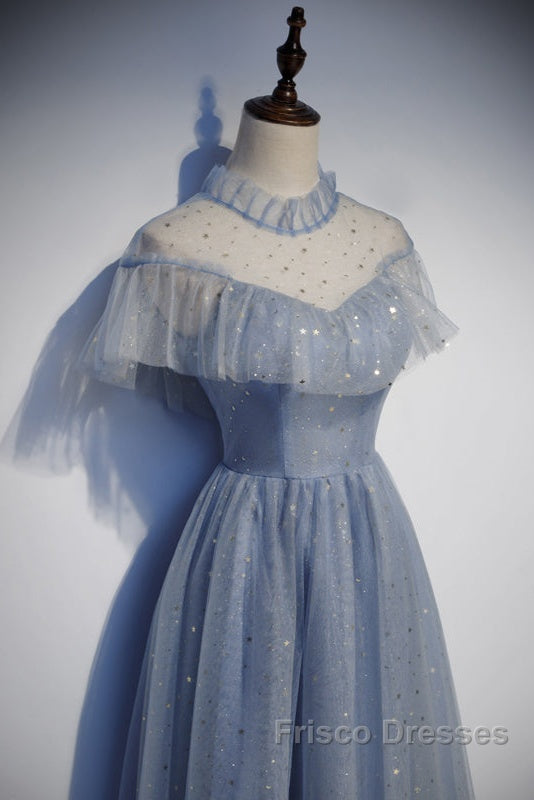 Light Blue Shiny Tulle High Neckline Homecoming Dress Party Dress, Blue Short Formal Prom Dress