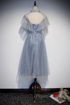 Light Blue Shiny Tulle High Neckline Homecoming Dress Party Dress, Blue Short Formal Prom Dress