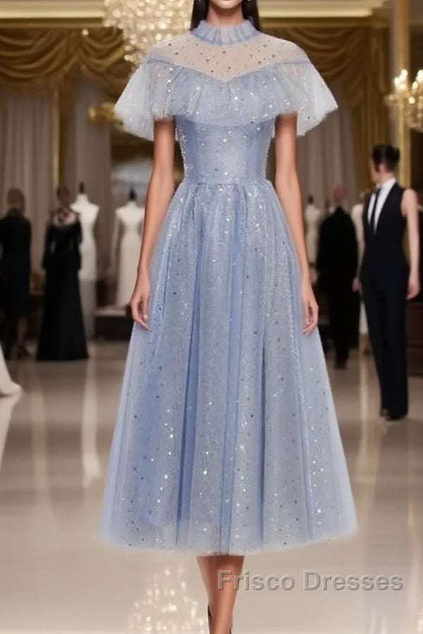 Light Blue Shiny Tulle High Neckline Homecoming Dress Party Dress, Blue Short Formal Prom Dress Main image