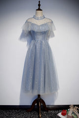 Light Blue Shiny Tulle High Neckline Homecoming Dress Party Dress, Blue Short Prom Dress