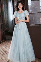 Light Blue Short Sleeves Beaded Tulle Long Party Dress, A-Line Blue Formal Dresses