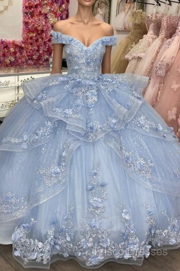 Light Blue Sparkly Off The Shoulder Appliques Formal Prom Dress Quincea?Era Dress Sweet 16 Formal Prom Dress Ball Gown Main image