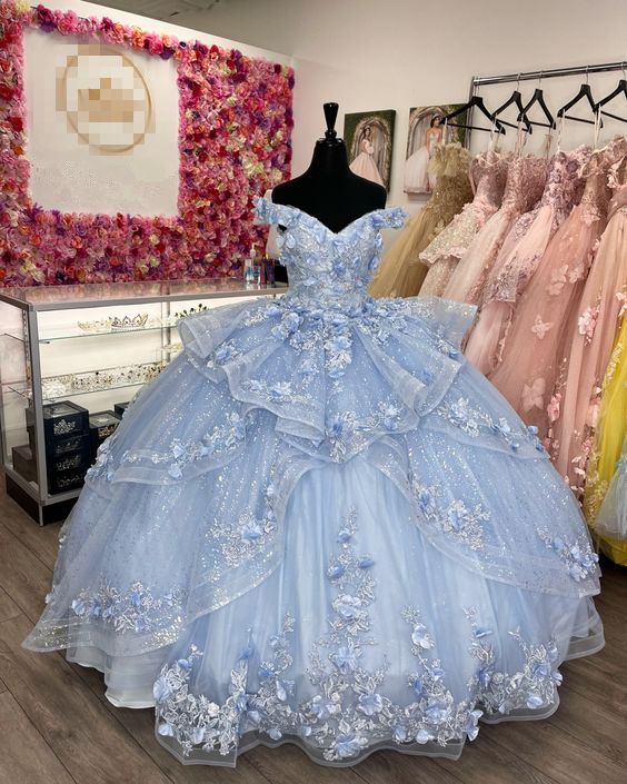Light Blue Sparkly Off The Shoulder Appliques Prom Dress Quinceanera Dress Sweet 16 Prom Dress Ball Gown Main image
