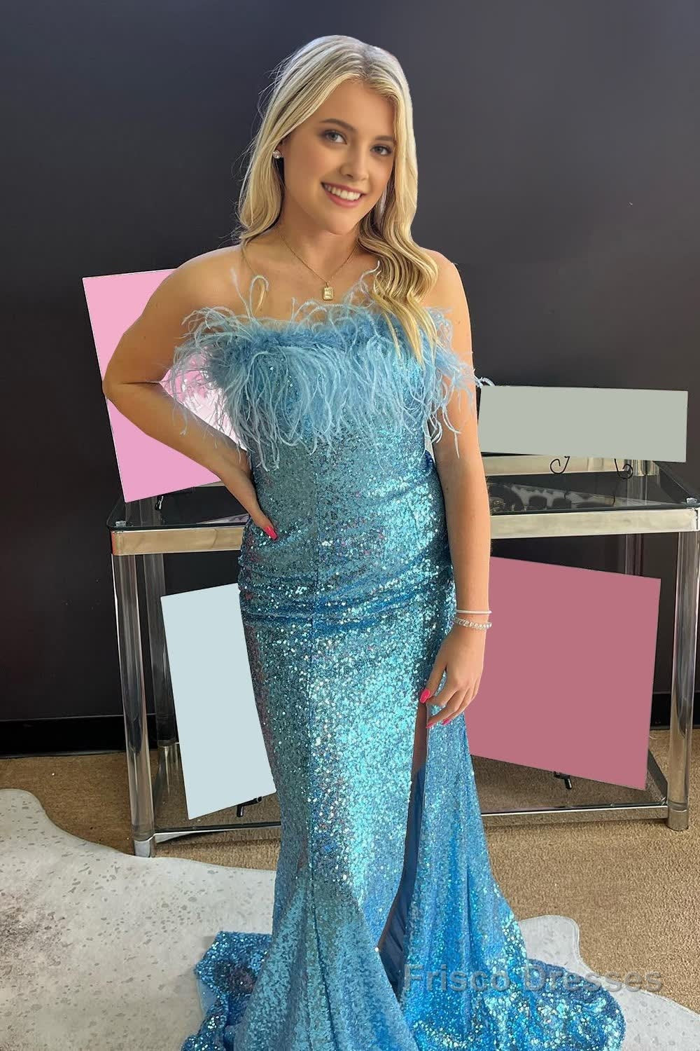 Light Blue Sparkly Sequins Off the Shoulder Long Prom Dress with Feathers Main image