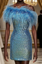 Light Blue Sparkly Tight Sequins Homecoming Dress with Feathers