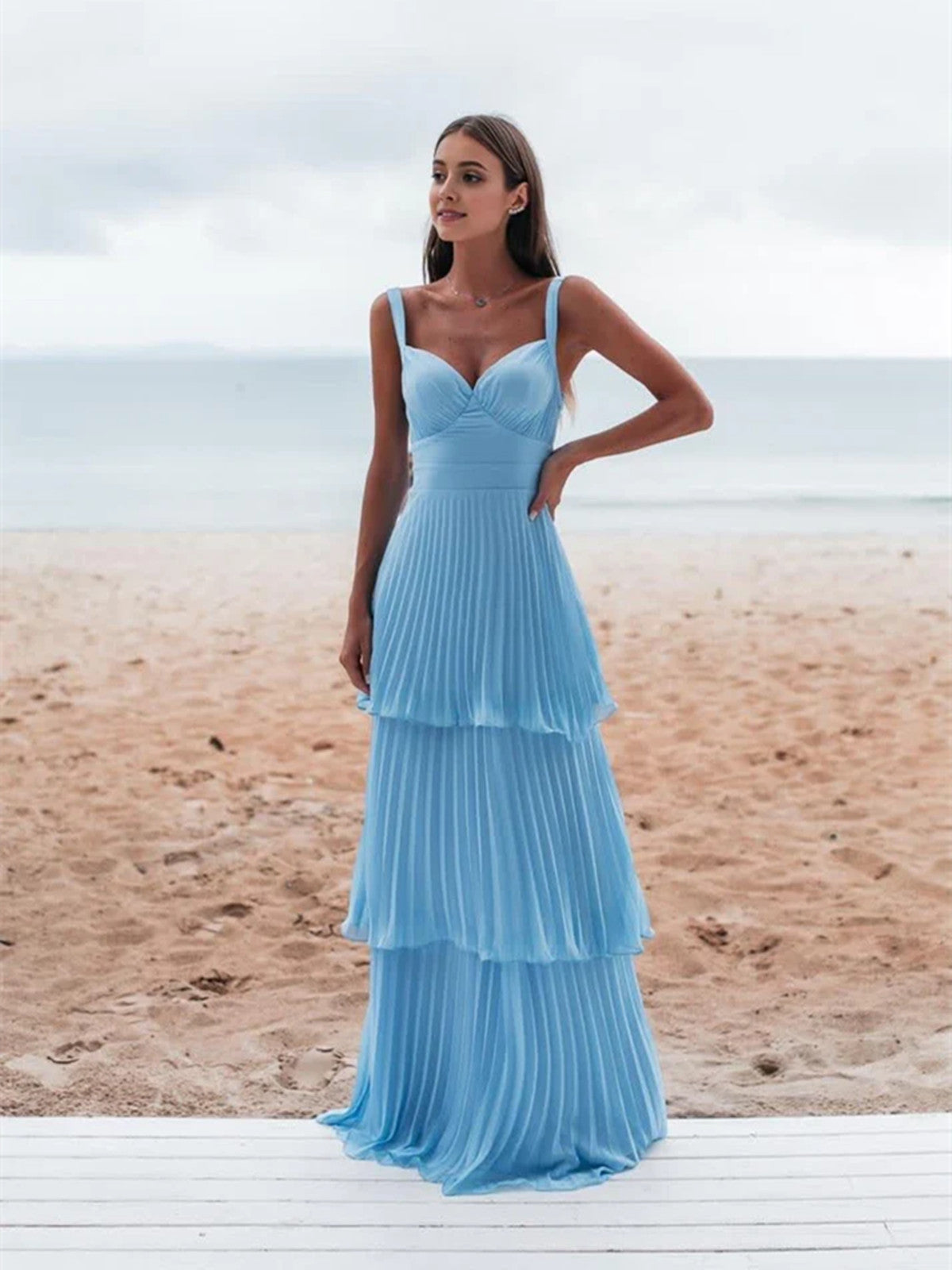 Light Blue Straps Chiffon Sweetheart Low Back Pary Dress, Light Blue Long Prom Dress Main image