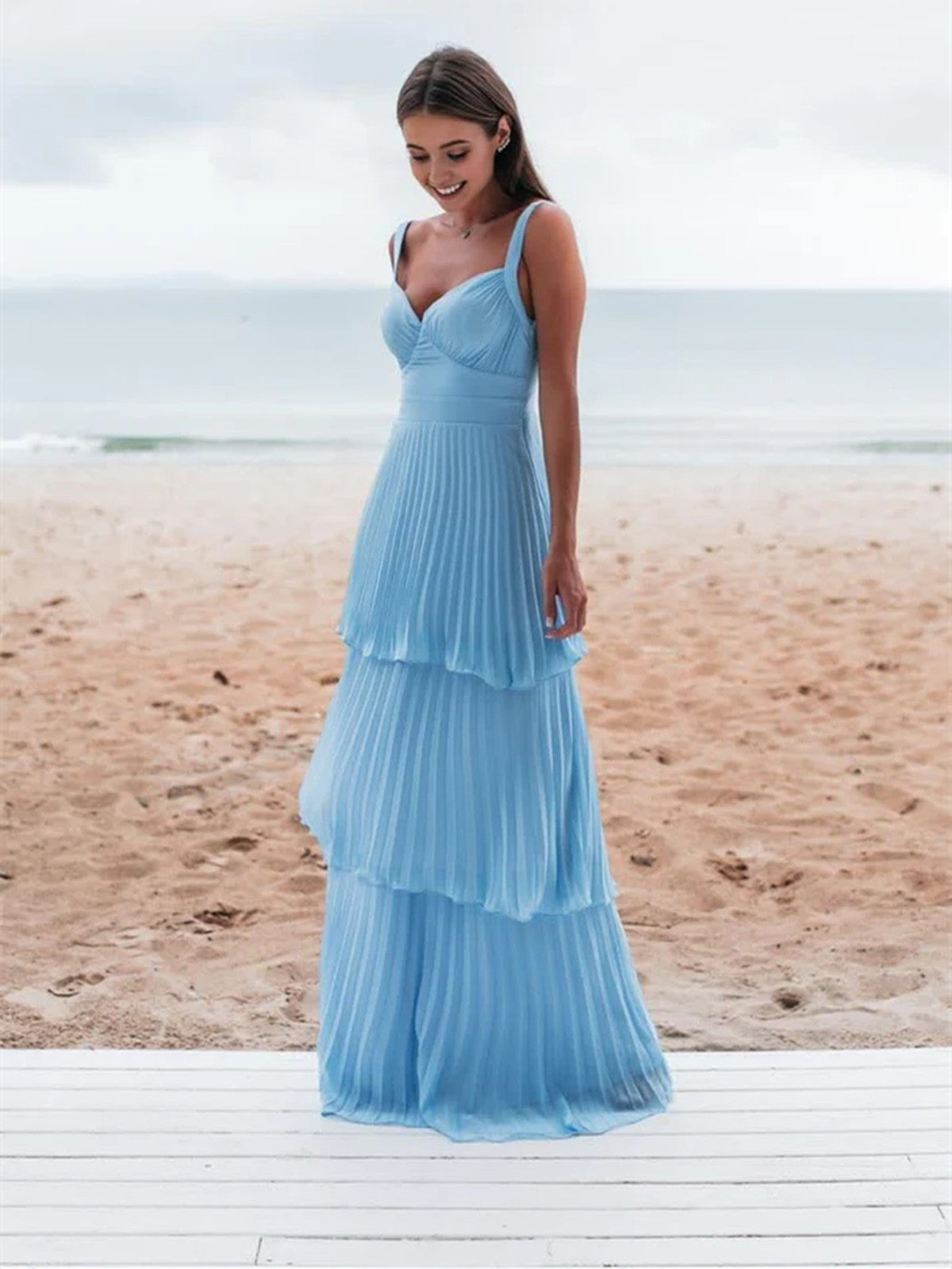 Light Blue Straps Chiffon Sweetheart Low Back Pary Dress, Light Blue Long Prom Dress Secondary image