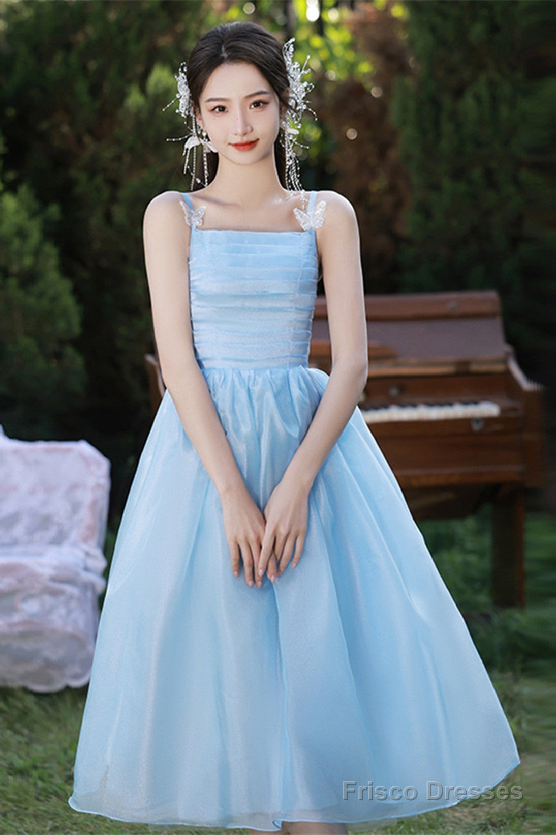 Light Blue Straps Organza Short Party Dress, Light Blue Homecoming Dress Secondary image