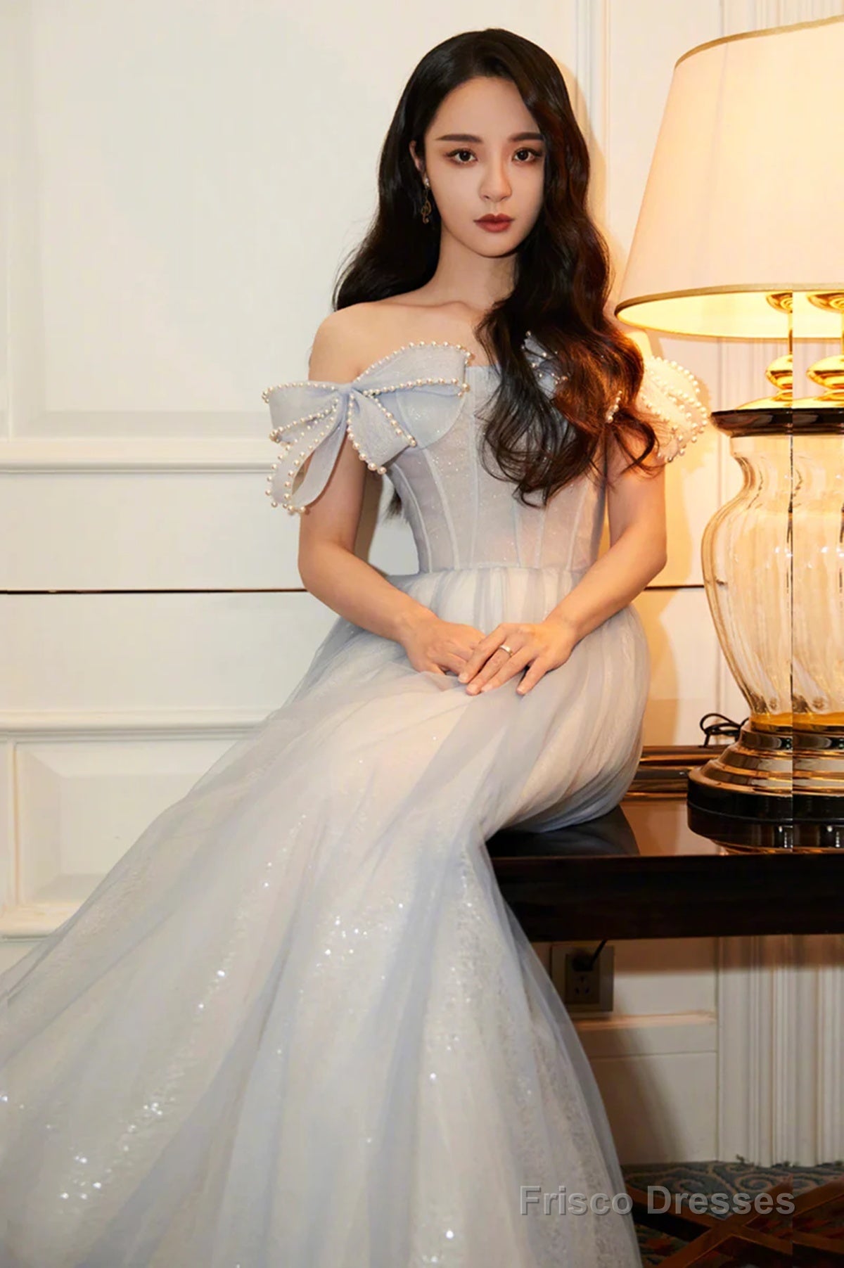 Light Blue Sweetheart Pearls Off Shoulder Long Party Dress, A-Line Blue Formal Dress