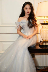 Light Blue Sweetheart Pearls Off Shoulder Long Party Dress, A-Line Blue Formal Dress
