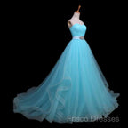 Light Blue Sweetheart Tulle Long Formal Dress With Belt, Charming Tulle Sweet 16 Dress