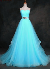 Light Blue Sweetheart Tulle Long Formal Dress With Belt, Charming Tulle Sweet 16 Dresses