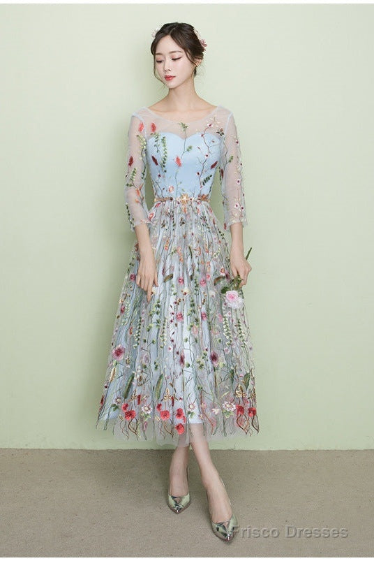 Light Blue Tea Length Lace Floral Wedding Party Dress, Beautiful Formal Dress Secondary image