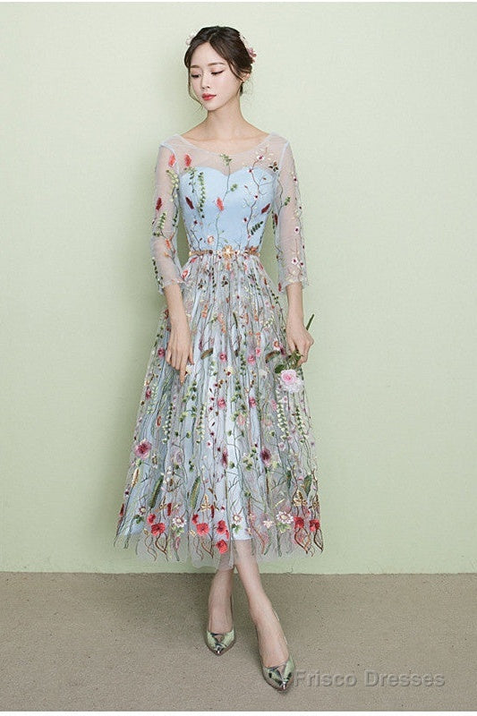 Light Blue Tea Length Lace Floral Wedding Party Dress, Beautiful Formal Dress Main image