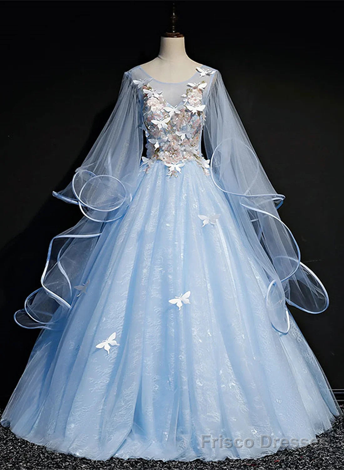 Light Blue Tulle A-line Party Dress Blue Sweet 16 Gown with Flowers prom dresses shops Main image