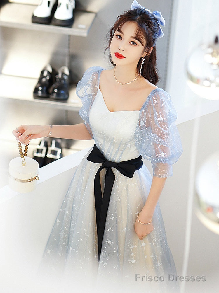 Light Blue Tulle A-Line Short Sleeves Party Dresses, Blue Formal Gowns Prom Dresses