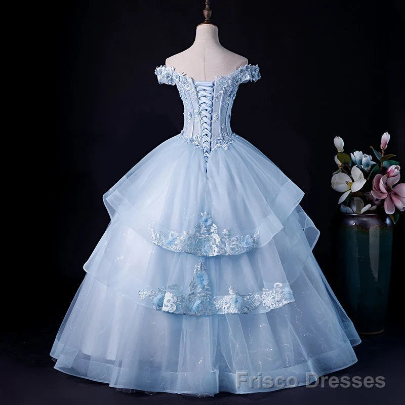 Light Blue Tulle Ball Gown Off Shoulder Sweet 16 Dress Blue Formal Dress with Lace prom dresses shops Secondary image