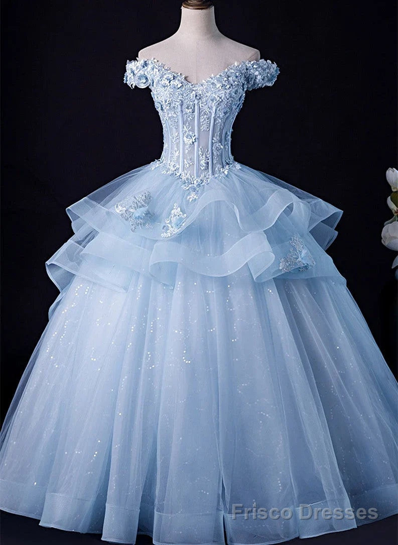 Light Blue Tulle Ball Gown Off Shoulder Sweet 16 Dress Blue Formal Dress with Lace prom dresses shops Main image