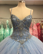 Light Blue Tulle Ball Gowns Quinceanera Dress With Beaded