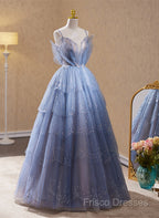 Light Blue Tulle Beaded Long Formal Dress, Light Blue Shiny Tulle Formal Dress Formal Prom Dress