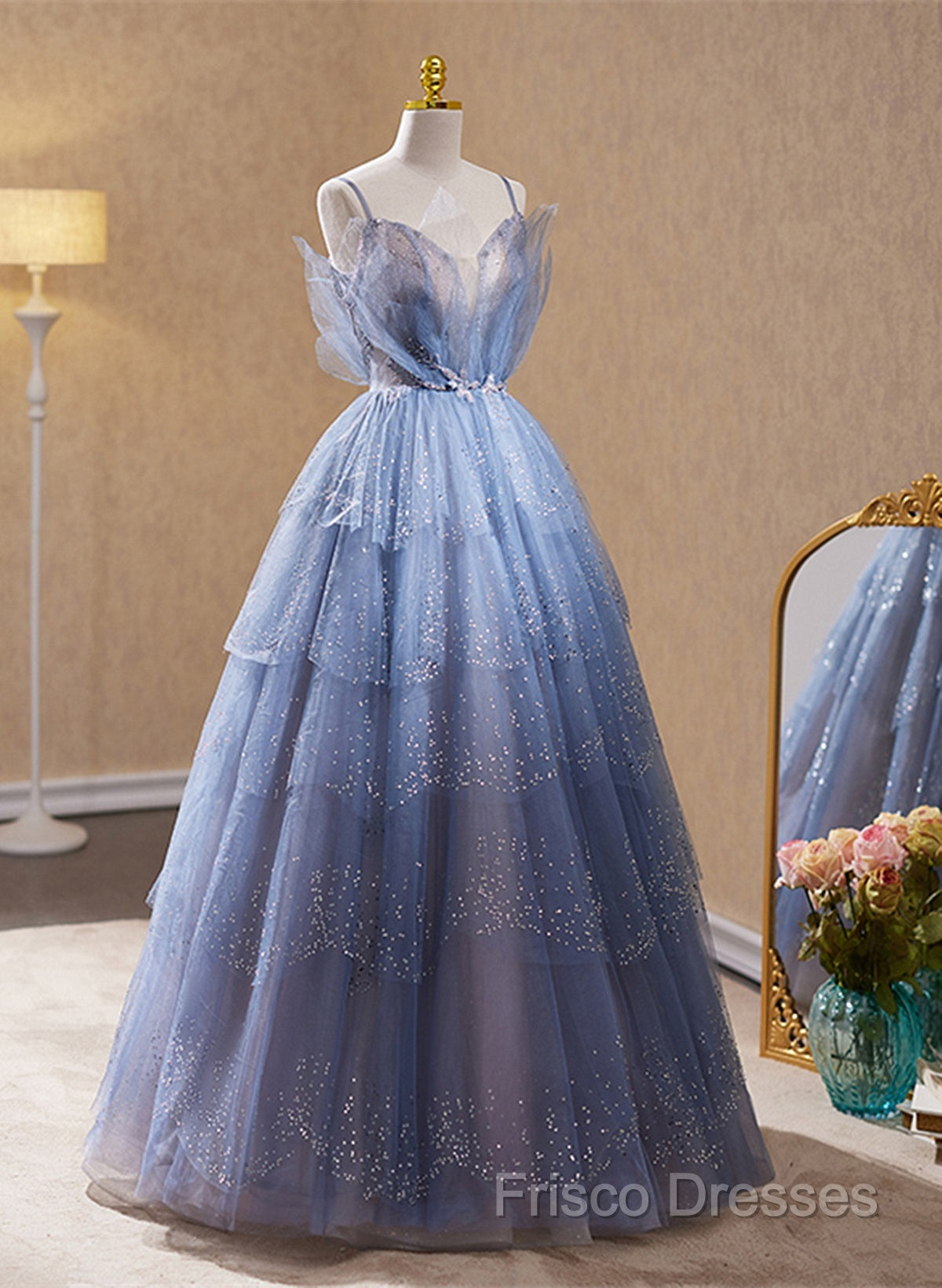Light Blue Tulle Beaded Long Formal Dress, Light Blue Shiny Tulle Formal Dress Formal Prom Dress