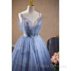 Light Blue Tulle Beaded Long Formal Dress, Light Blue Shiny Tulle Formal Dress Formal Prom Dress