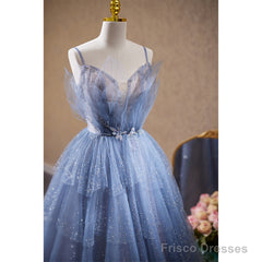 Light Blue Tulle Beaded Long Formal Dress, Light Blue Shiny Tulle Evening Dress Prom Dress