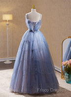 Light Blue Tulle Beaded Long Formal Dress, Light Blue Shiny Tulle Formal Dress Formal Prom Dress