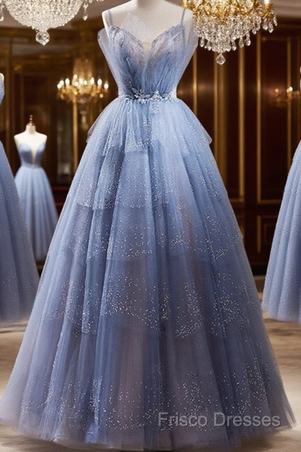 Light Blue Tulle Beaded Long Formal Dress, Light Blue Shiny Tulle Formal Dress Formal Prom Dress Main image