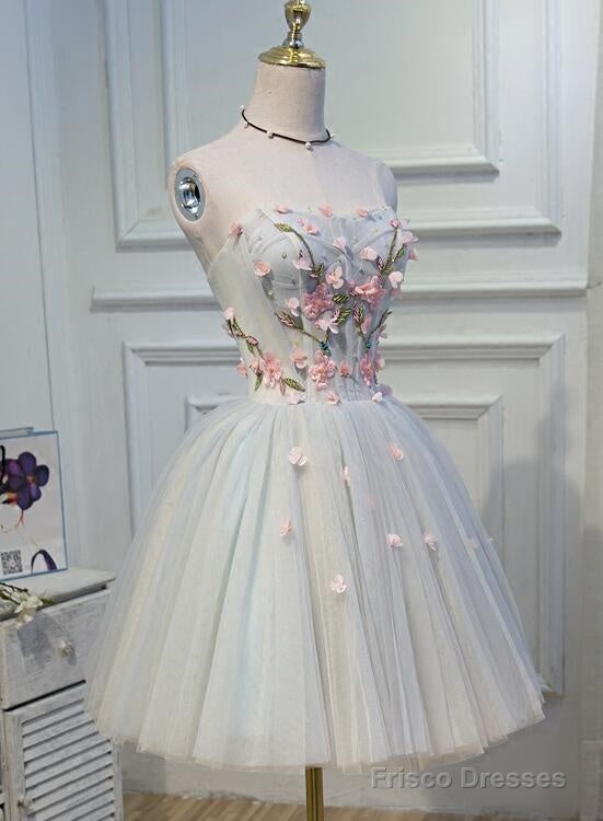 Light Blue Tulle Floral Short Sweetheart Homecoming Dress, Blue Prom Dress