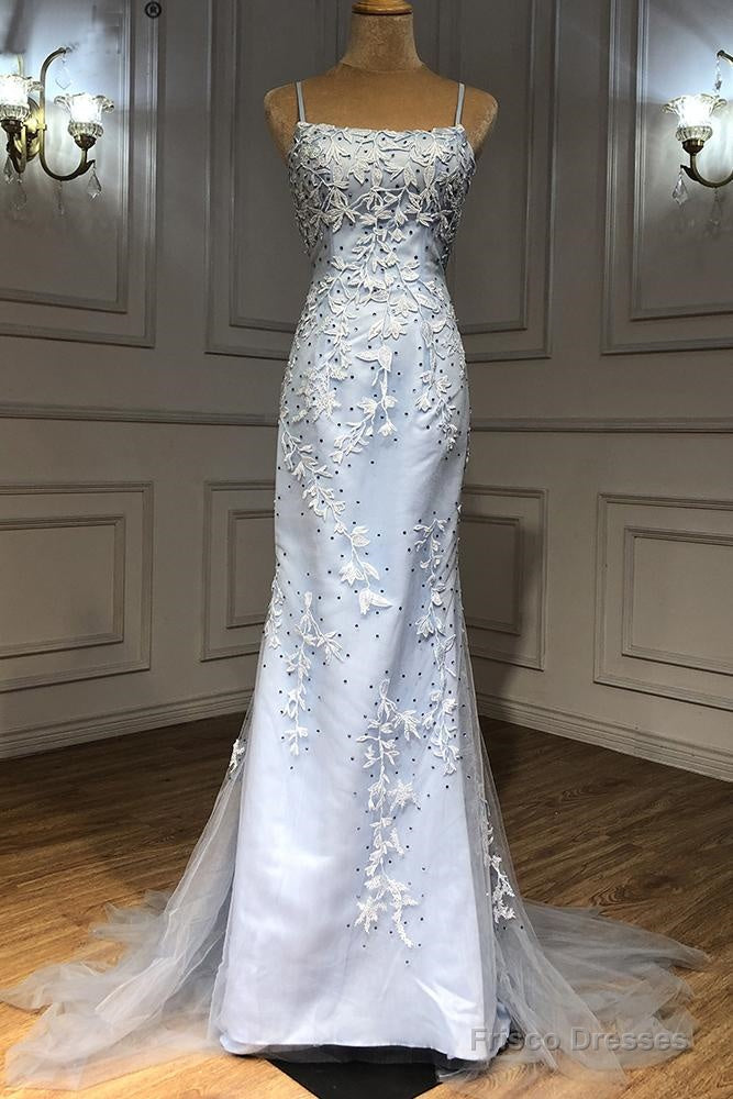 Light Blue Tulle Lace Appliques Long Mermaid Prom Dress, Open Back Party Dress Main image
