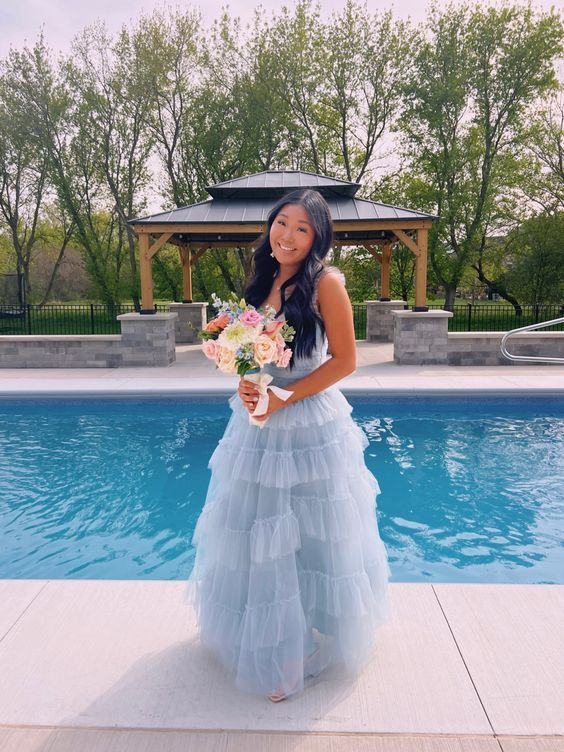 Light Blue Tulle Layered Long Prom Dress Elegant Evening Dress