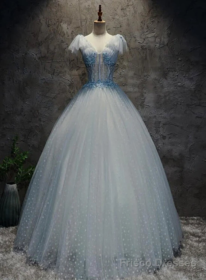 Light Blue Tulle Long Party Dress Formal Dress, Blue Tulle Formal Dress with Flowers Secondary image
