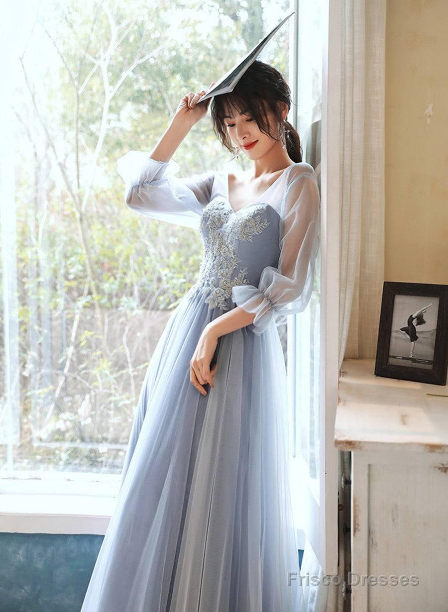 Light Blue Tulle Long Party Dress With Puffy Sleeves, Blue Evening Dress Prom Dress Main image
