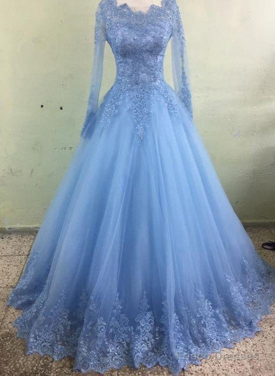 Light Blue Tulle Long Sleeves Ball Gown Party Dress With Lace, Blue Evening Dress Prom Dress Main image