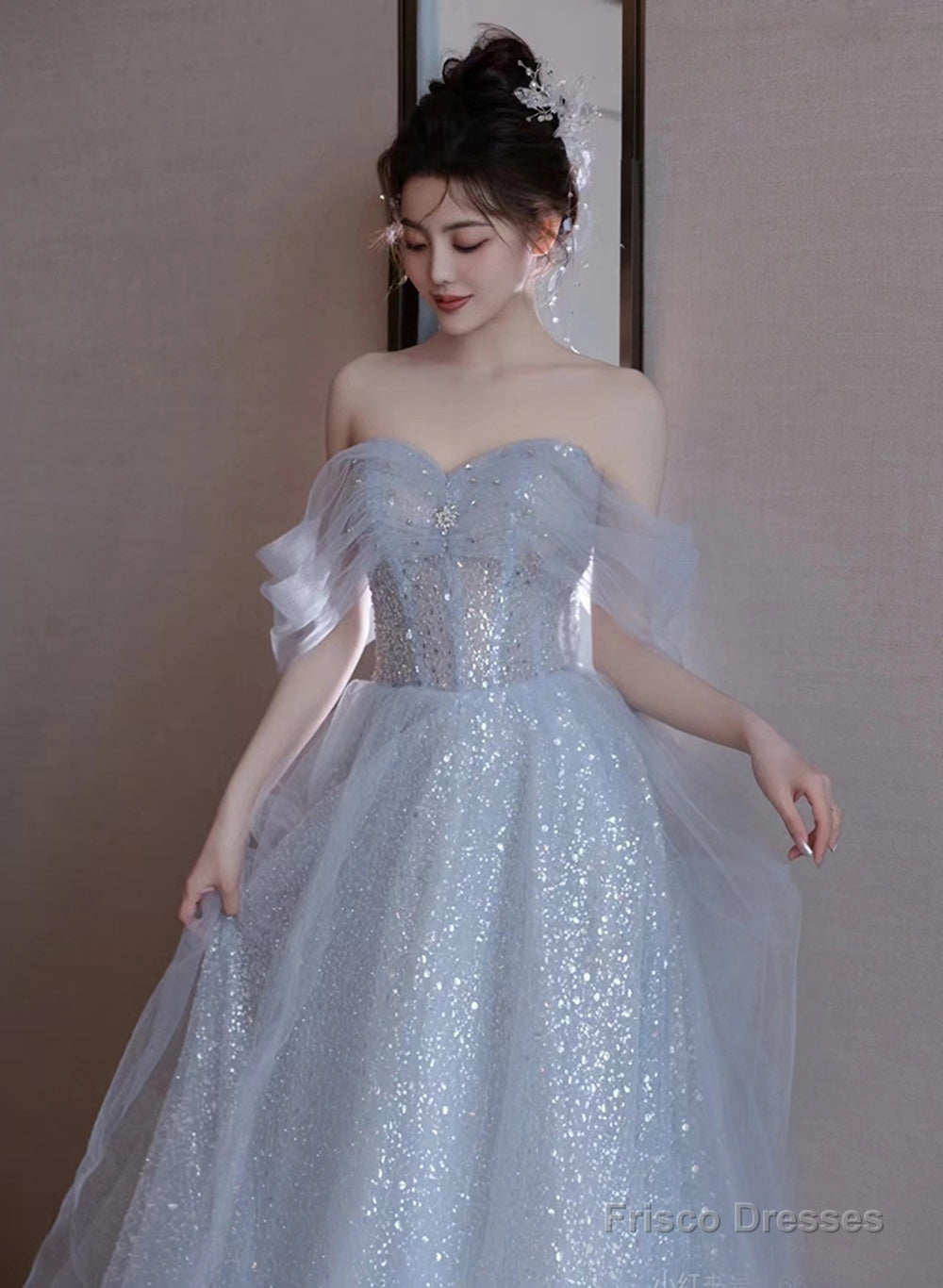 Light Blue Tulle Off Shoulder Beaded Party Dress, A-Line Tulle Blue Formal Dress Prom Dress Secondary image